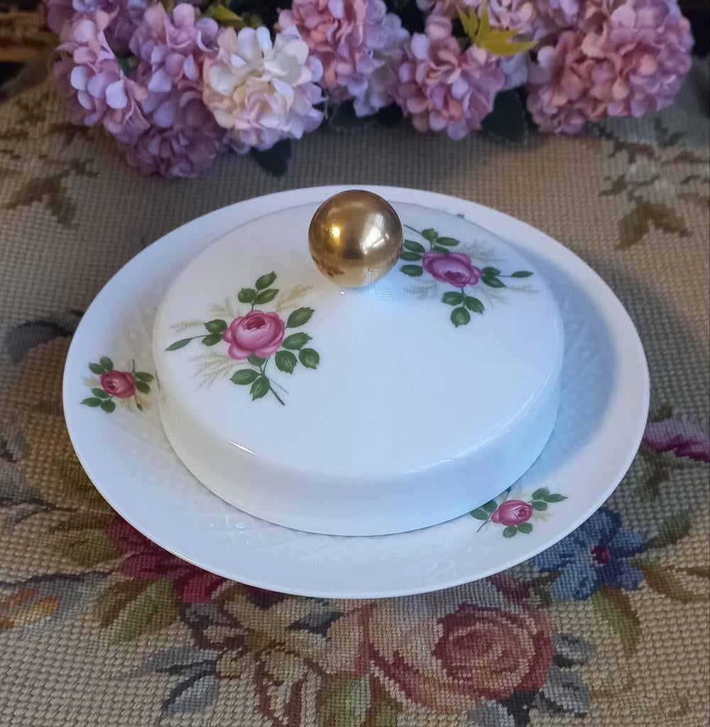 Mooie brocante botervloot, roze roos, Annabell, Bavaria, Ophalen of Verzenden