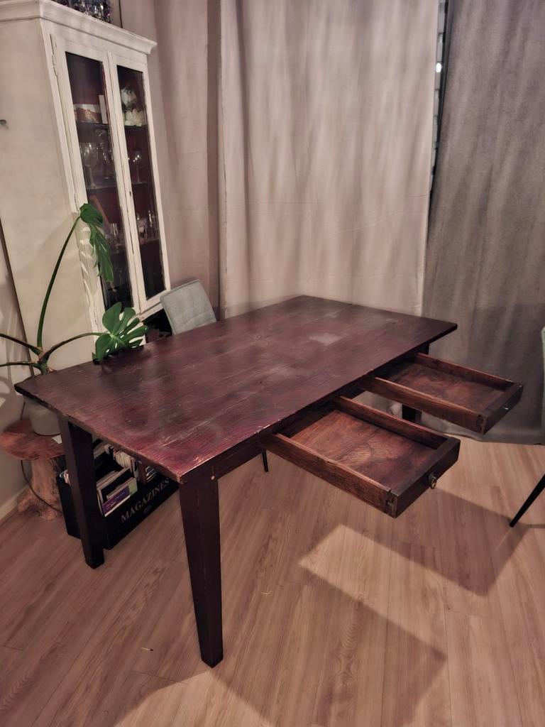 Handgemaakte massief eiken tafel, Ophalen, Gebruikt, 200 cm of meer, 50 tot 100 cm