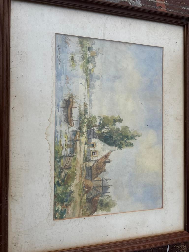 Schilderij M. Lenterman - Landschap met water en boerderij, Antiek en Kunst, Kunst | Schilderijen | Klassiek, Ophalen of Verzenden