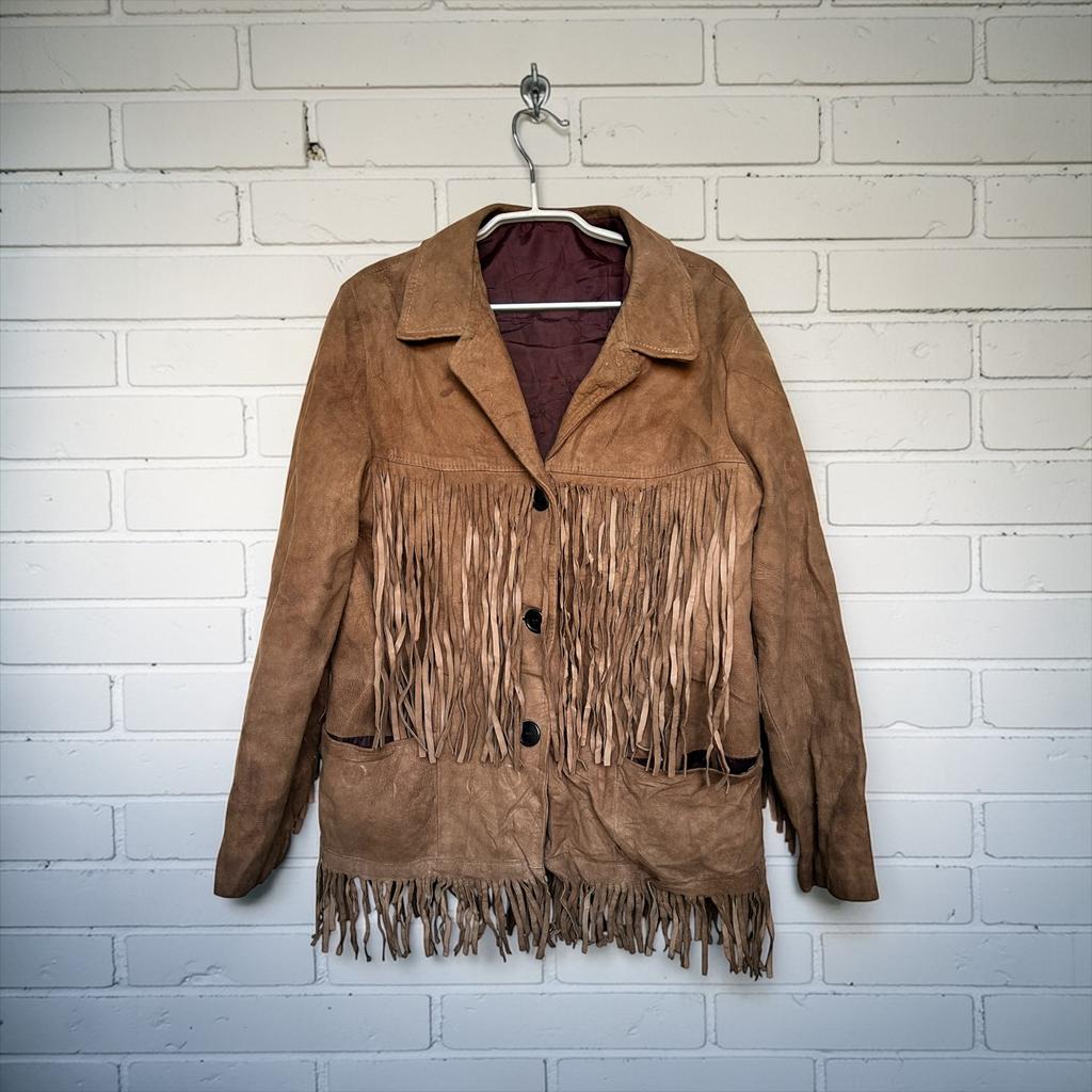 Vintage Jas Maat XL Bruin Leer Franjes Cowboy Style Unisex, Kleding | Dames, Jassen | Zomer, Bruin, Maat 46/48 (XL) of groter
