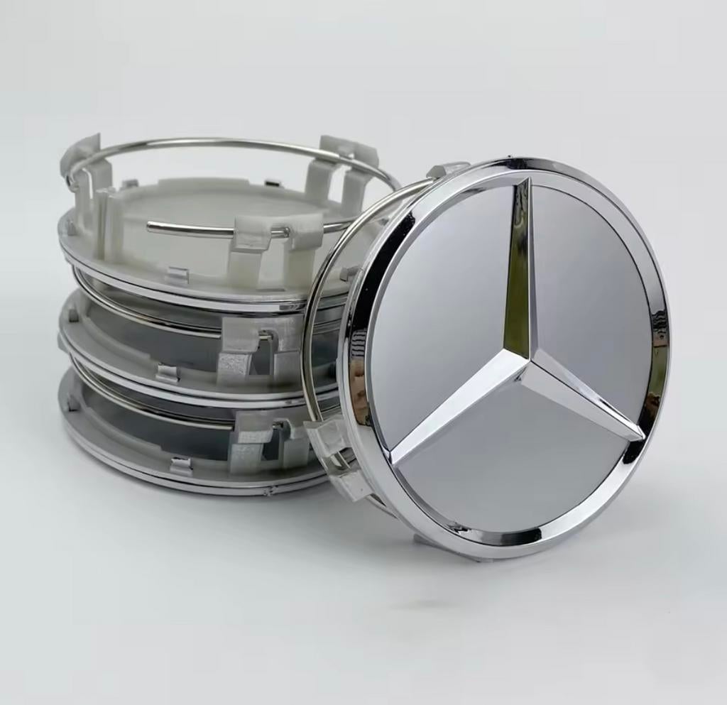 Set naafdoppen 75 mm Mercedes (4 stuks) nieuw zilver, Verzenden