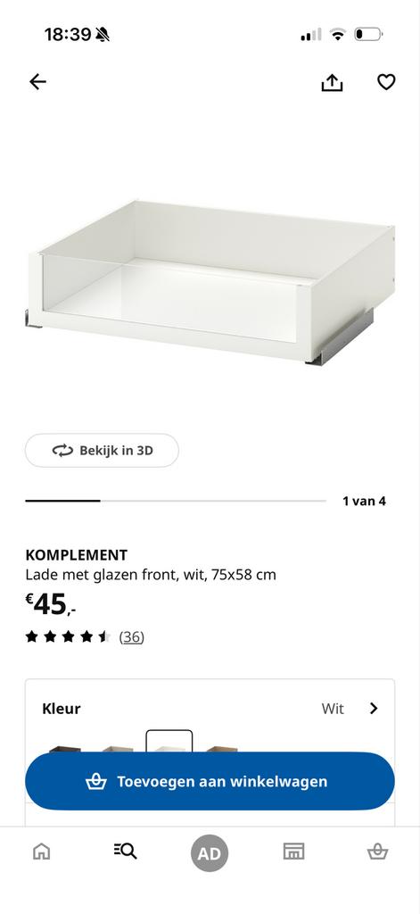 IKEA KOMPLEMENT Lade met glazen front, wit, 75x58 cm, Ophalen, 1 of 2 laden, 50 tot 100 cm, Minder dan 100 cm