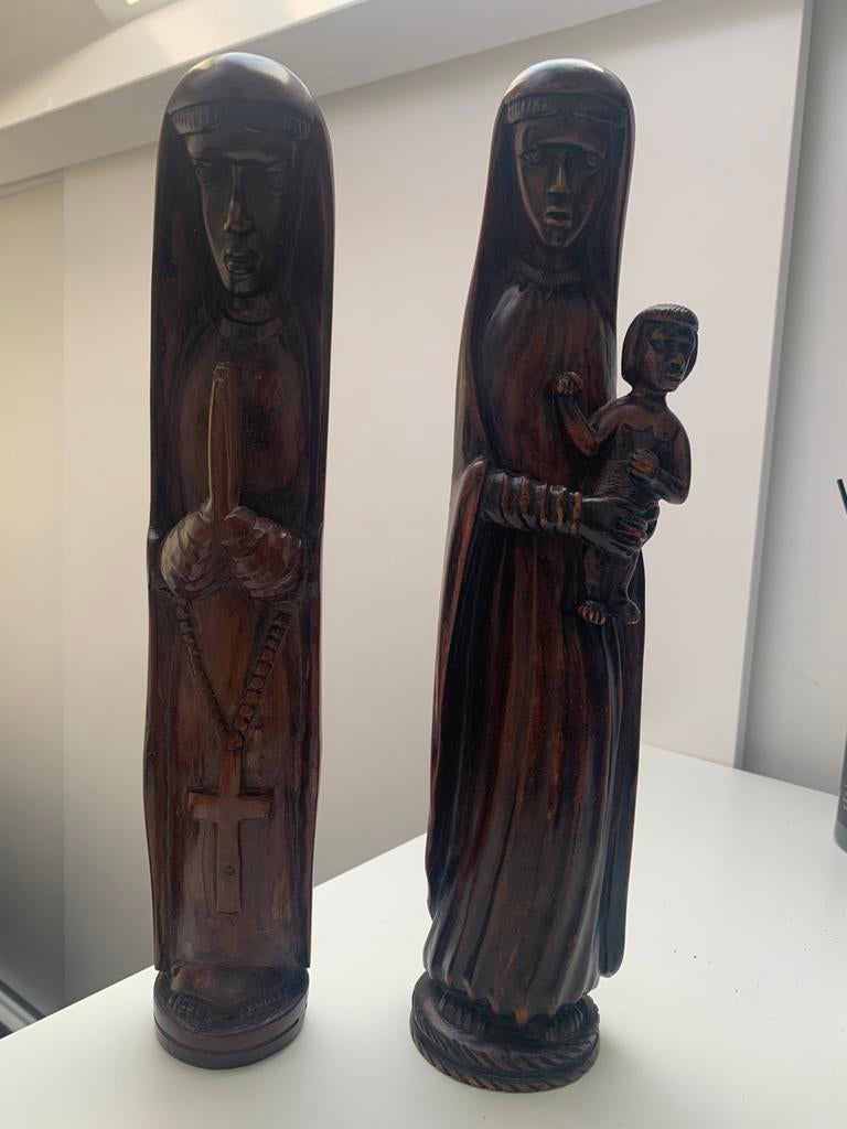 Vintage houten beeld Maria met kind handgesneden set van 2, Ophalen of Verzenden