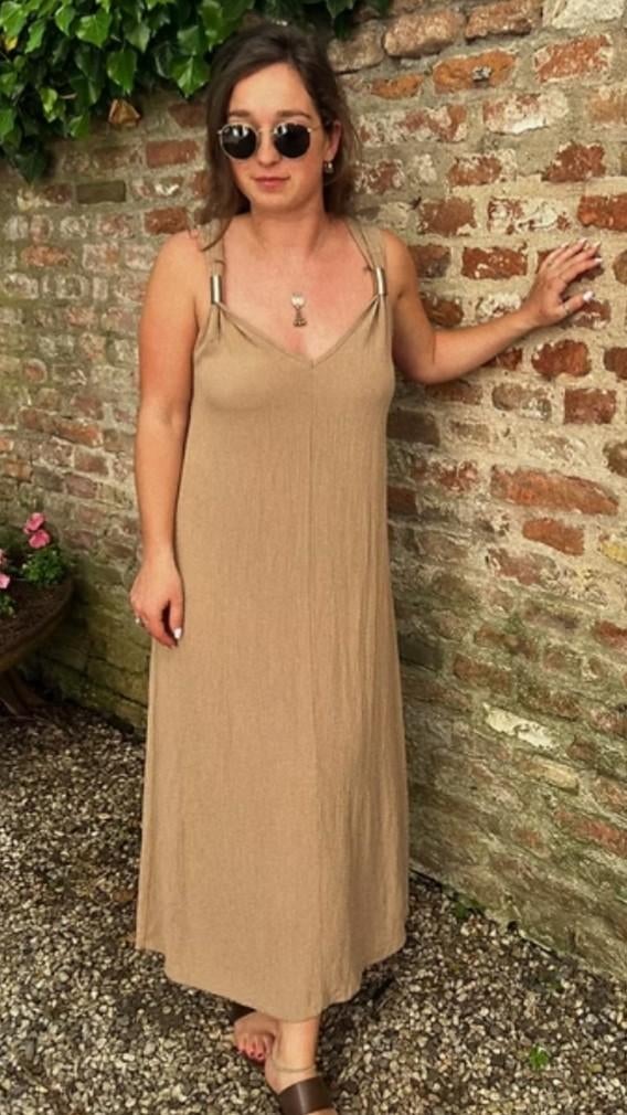 Maxi dress Cleopatra one size m-L camel Bohème Ibiza jurk, Beige, Maat 42/44 (L), Ophalen of Verzenden, Zo goed als nieuw