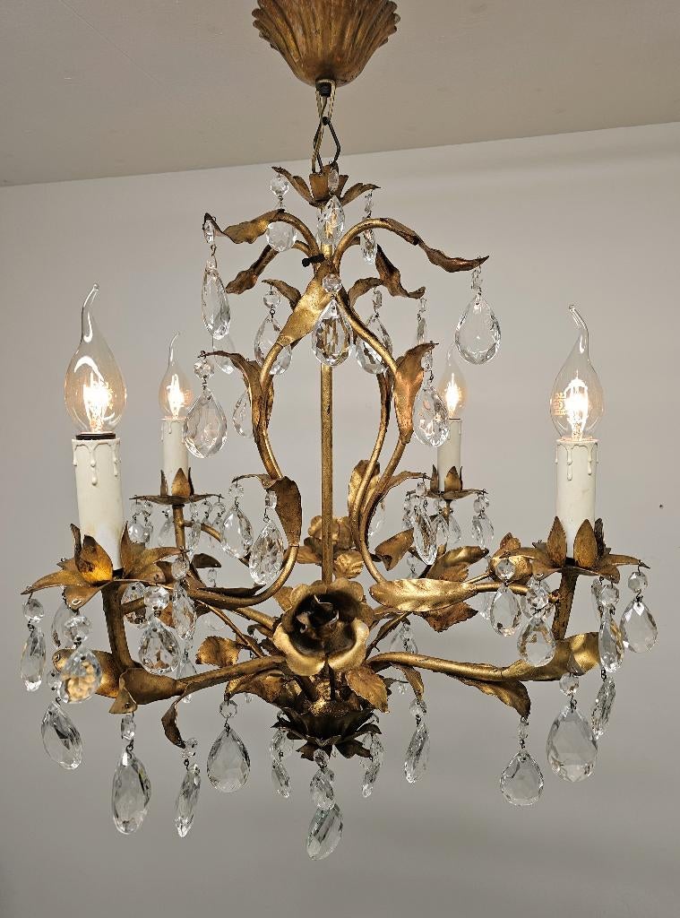 Chique antieke LUCHTER 4-lichts lamp / 67 kristallen pegels, Ophalen of Verzenden