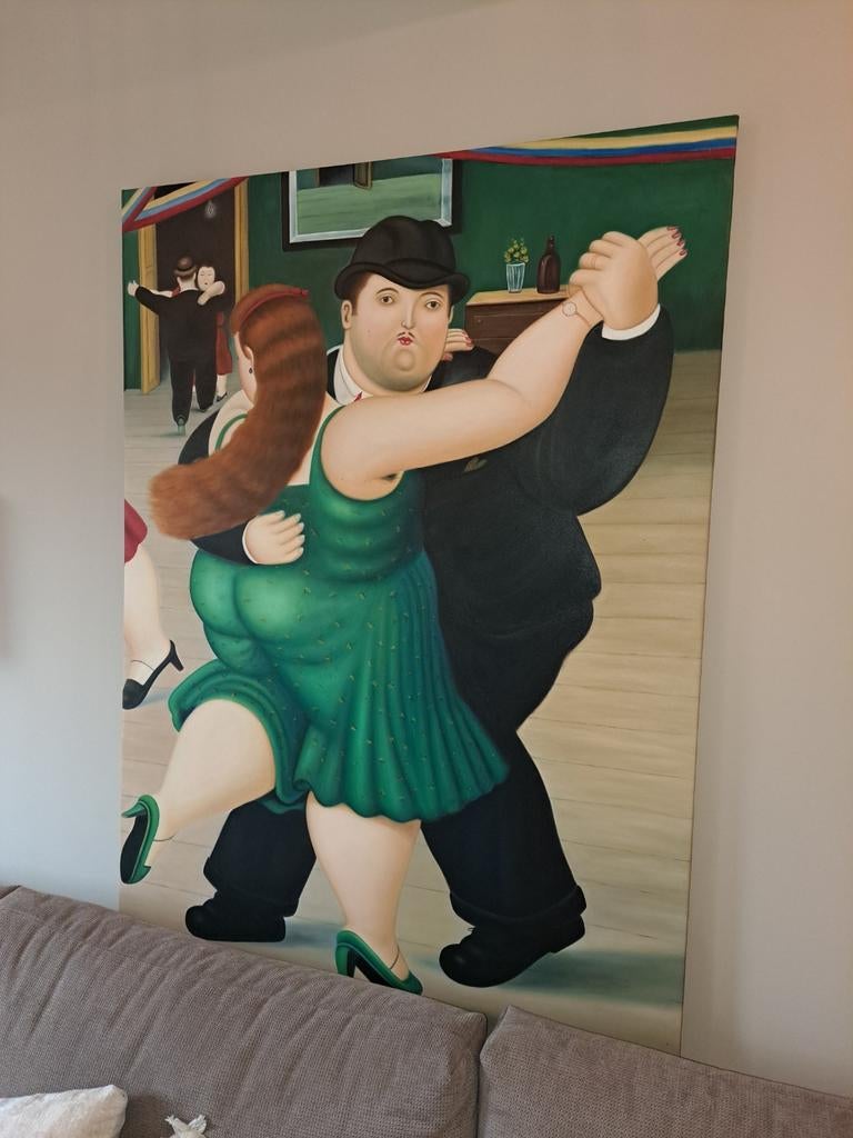 XXL Schilderij in Botero Stijl: Dansend Paar, Antiek en Kunst, Kunst | Schilderijen | Modern, Ophalen of Verzenden