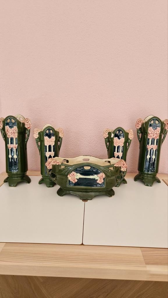 Antieke Jugendstil / Art Nouveau jardinière set, Antiek en Kunst, Antiek | Keramiek en Aardewerk, Ophalen of Verzenden