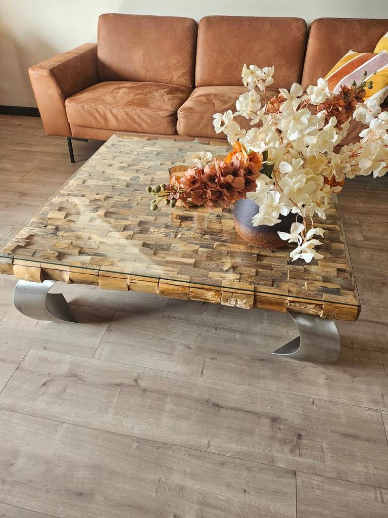 Salontafel van Rofra met glazen blad 120x120, Vierkant, Ophalen of Verzenden, Modern, robuust, Minder dan 50 cm