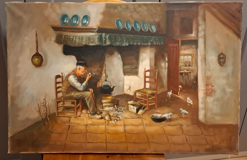Boereninterieur in stijl van Jozef Gindra, Antiek en Kunst, Kunst | Schilderijen | Klassiek, Ophalen of Verzenden