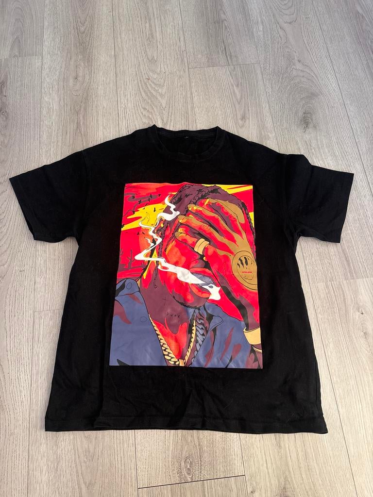 Travis Scott T-shirt - Zwart met Print, Kleding | Heren, T-shirts, Ophalen, Zo goed als nieuw, Maat 52/54 (L), Zwart