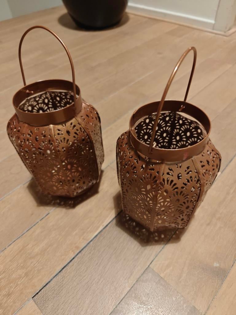 Sfeervolle windlichten voor waxinelichtjes - 18 cm, Bruin, Ophalen of Verzenden, Zo goed als nieuw, Metaal