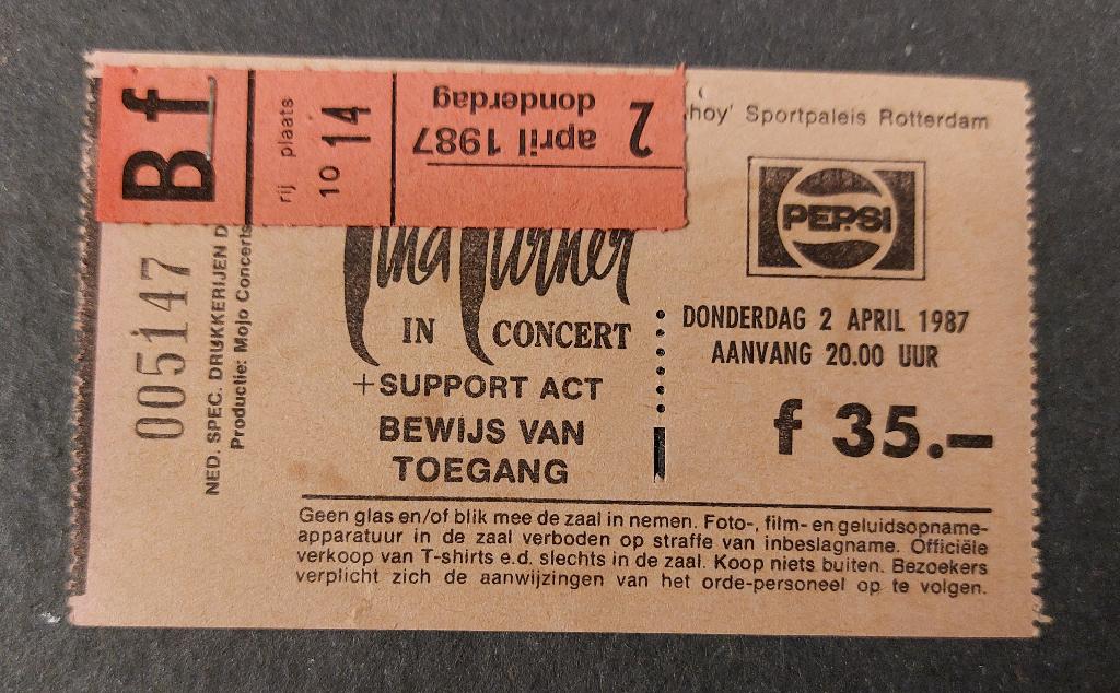 Tina Turner TICKET CONCERTKAARTJE 1987 Ahoy Rotterdam, Verzenden, Gebruikt, Foto of Kaart