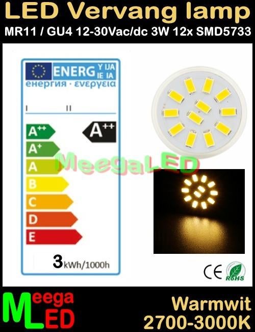 Tiny House LED MR11 GU4 LEDspot LEDlamp 3W - 12SMD5733 - WW, 30 tot 60 watt, Led-lamp, Nieuw, Bipin of Steekvoet