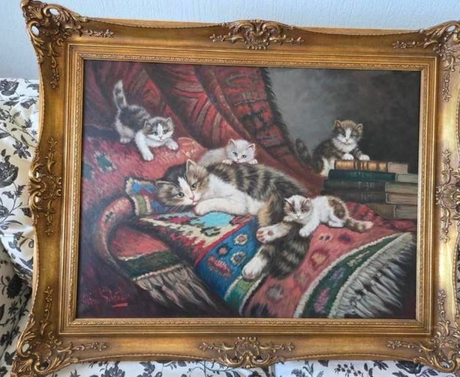 Alfred Schröder poezen schilderij., Ophalen of Verzenden