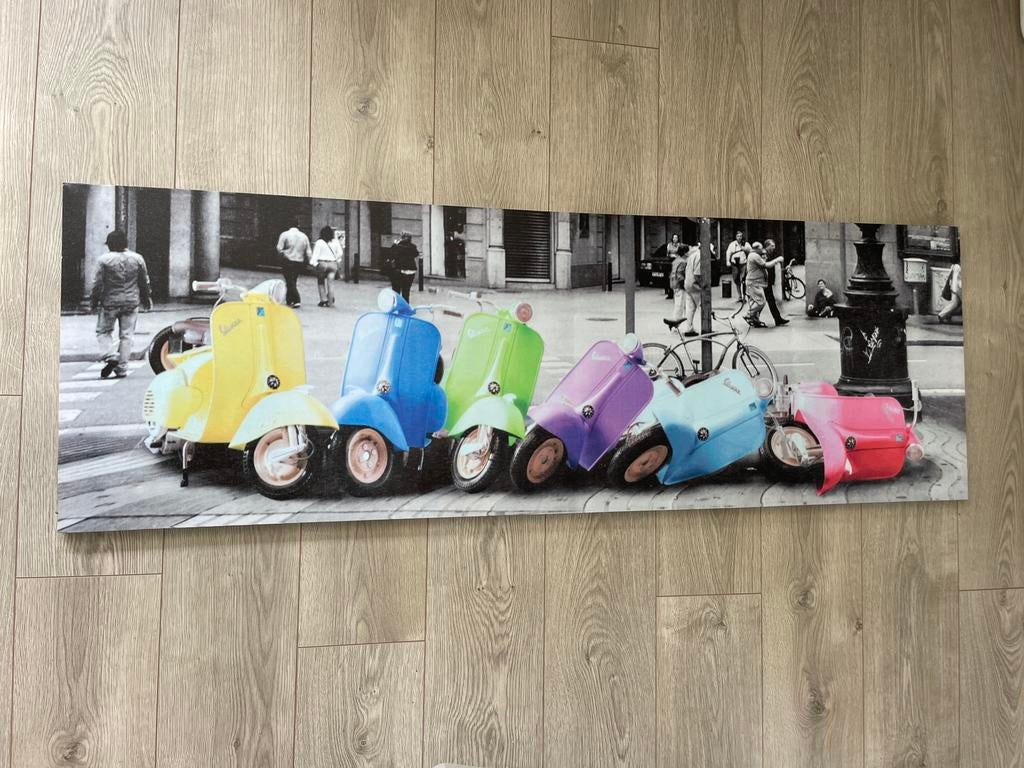 Canvas wandpaneel Vespa scooters 50x150 cm, Ophalen, 125 cm of meer, Zo goed als nieuw, Foto of Poster