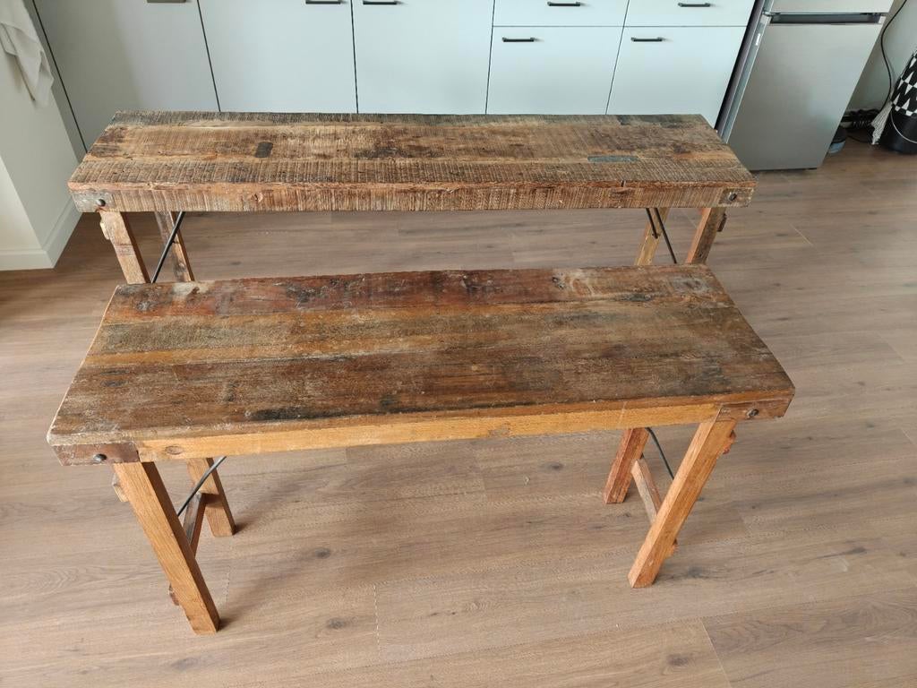 Set van 2 Indiase Vintage Markttafels - Robuust Hout, Ophalen