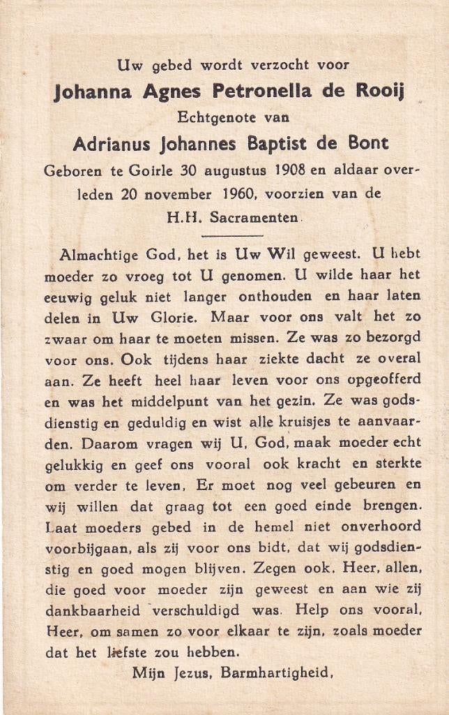 Rooij Johanna 1908 Goirle 1960, Ophalen of Verzenden, Bidprentje