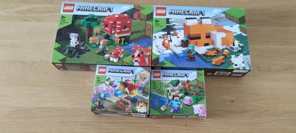 Lego minecraft 21164,21177,21179,21178.100% compleet, Ophalen of Verzenden, Zo goed als nieuw
