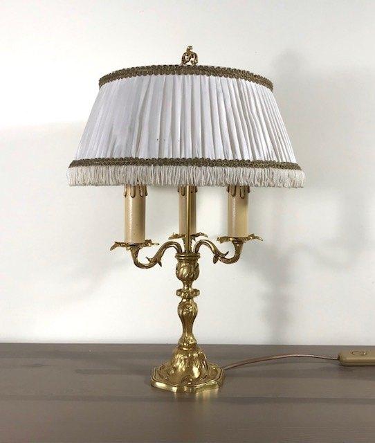 Klassieke Franse bronzen bouillotte lamp met 3 lichtpunten, Ophalen of Verzenden, Zo goed als nieuw, Stof, Minder dan 50 cm