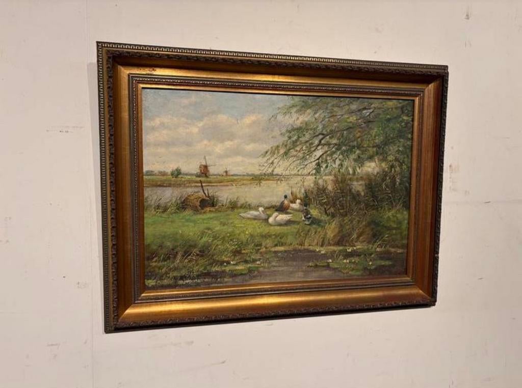 Schilderij met eenden geschilderd door Burieux, Antiek en Kunst, Ophalen