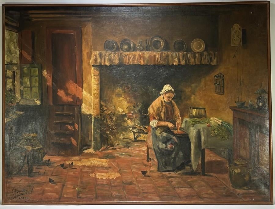 1263. Olieverfschilderij - keukeninterieur, 1899, Ophalen of Verzenden