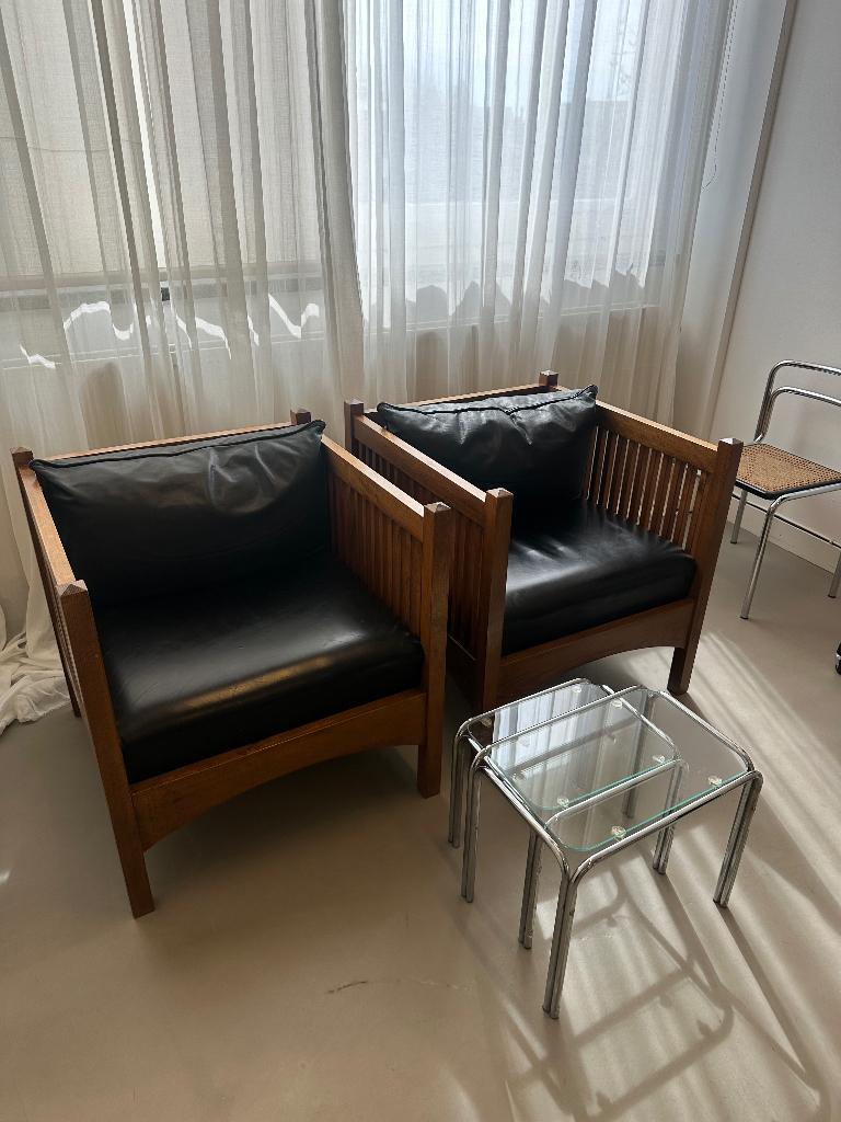 Vintage designer Bijenkorf fauteuils 2 stuks, Ophalen, Gebruikt, 75 tot 100 cm, Leer