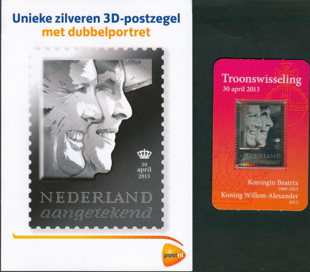 Zilveren 3D-postzegel met dubbelportret 2013, Postzegels en Munten, Postzegels | Nederland, Ophalen of Verzenden, Na 1940, Postfris