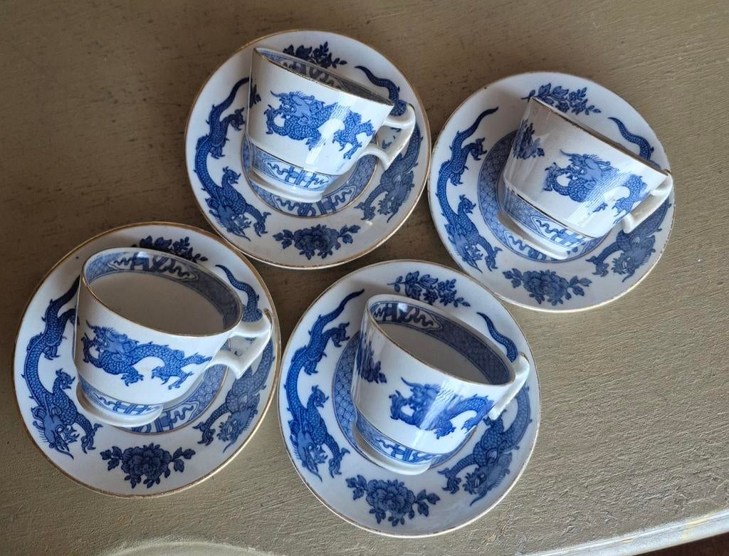 Booth 4 demitasse, espresso, antiek blauw wit draak 1930, Antiek en Kunst, Antiek | Servies los, Ophalen of Verzenden