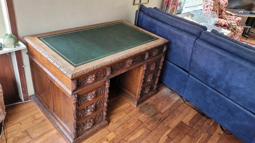 Houten antiek bureau met groen blad, Ophalen of Verzenden