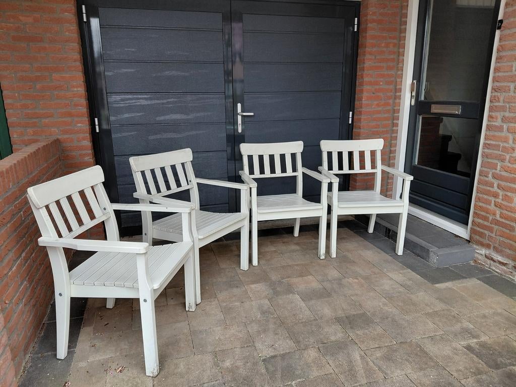 4 maal Houten Tuinstoelen - Wit - Stapelbaar, Ophalen, Hout, 2 zitplaatsen