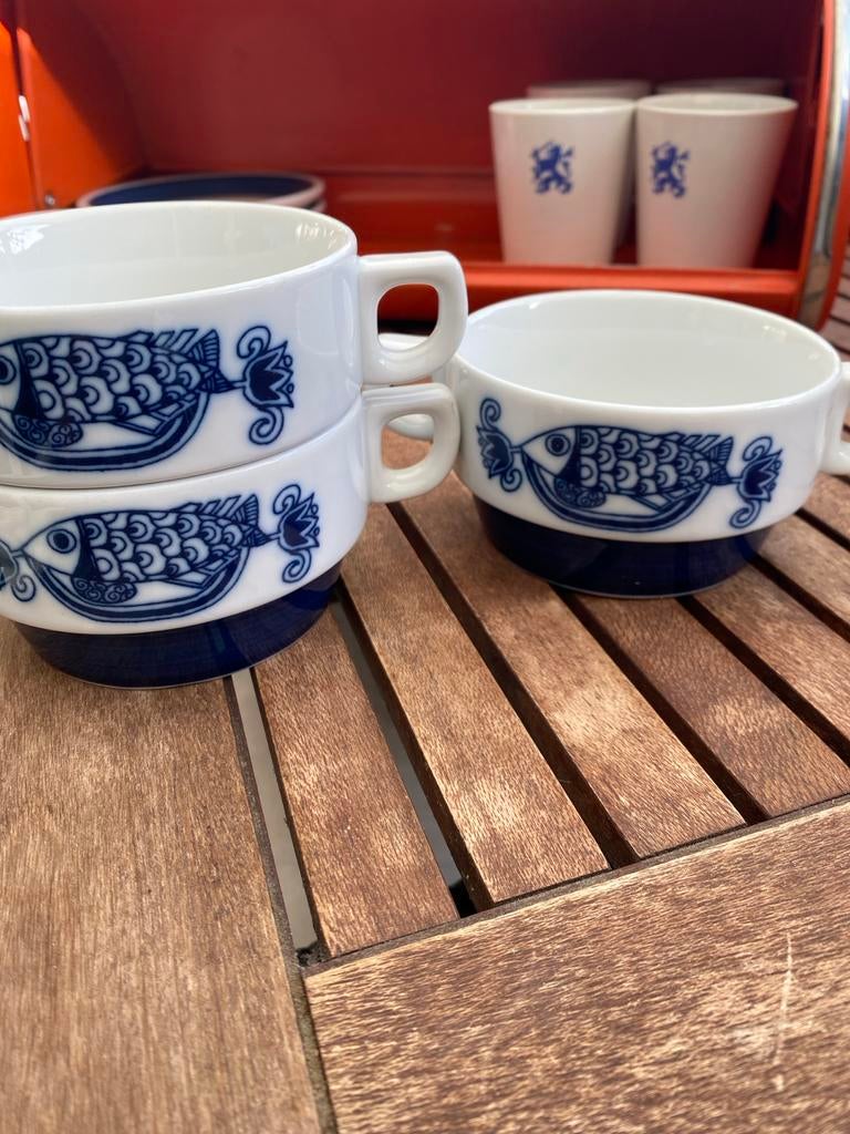 3 Mosa soepkommen met vissenmotief, Huis en Inrichting, Keuken | Servies, Gebruikt, Keramiek, Ophalen of Verzenden, Kom(men)