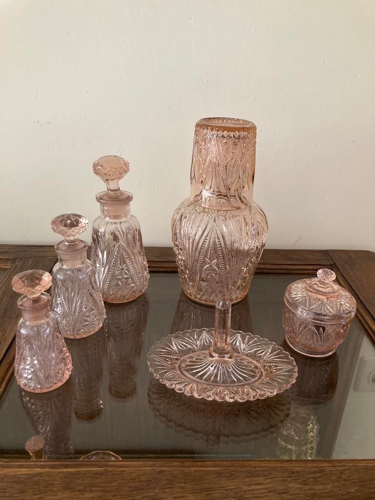 ANTIEKE GLAZEN KAPTAFEL SET ROZE  7 DELEN, Ophalen of Verzenden