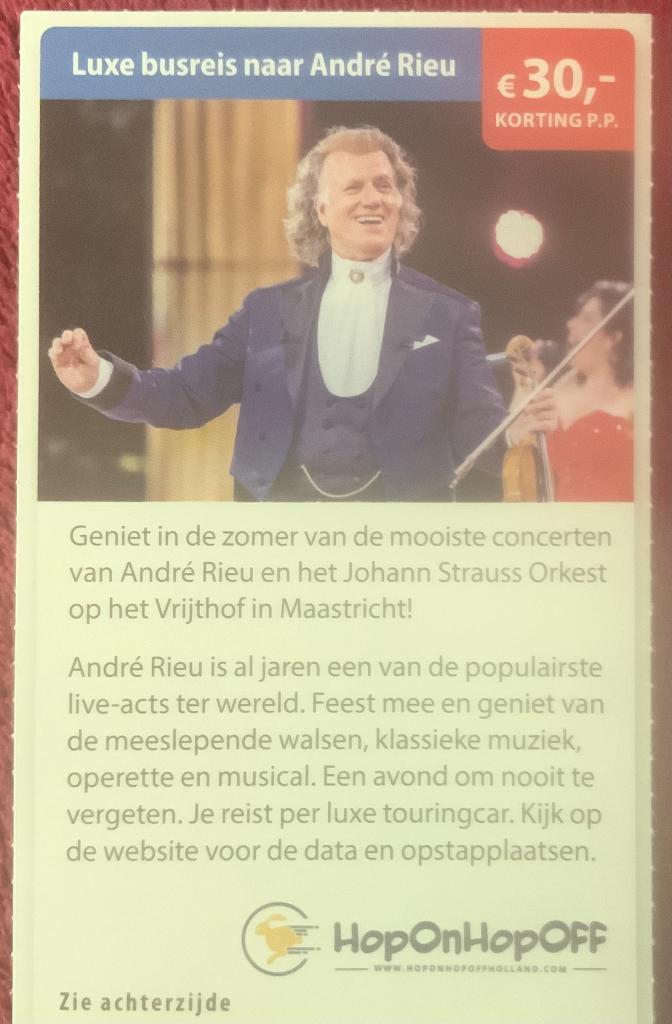 Luxe busreis naar André Rieu Voordeelbon, Tickets en Kaartjes, Drie personen of meer, Kortingsbon, Overige typen