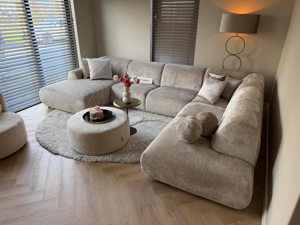 ACTIE Luxe Velvet Teddy U-bank Calvani 170x370x250cm Beige, Huis en Inrichting, Banken | Bankstellen, Info@oosterbaanwonen.nl