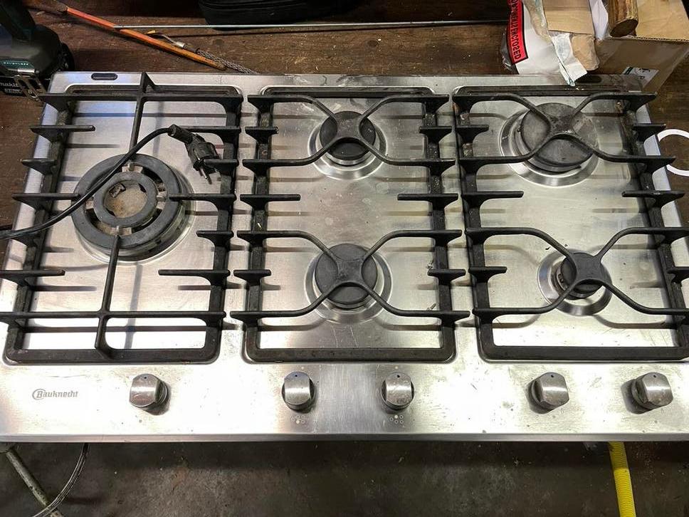Bauknecht 5-pits gasfornuis - RVS, Ophalen, Gebruikt, 60 cm of meer, Inbouw
