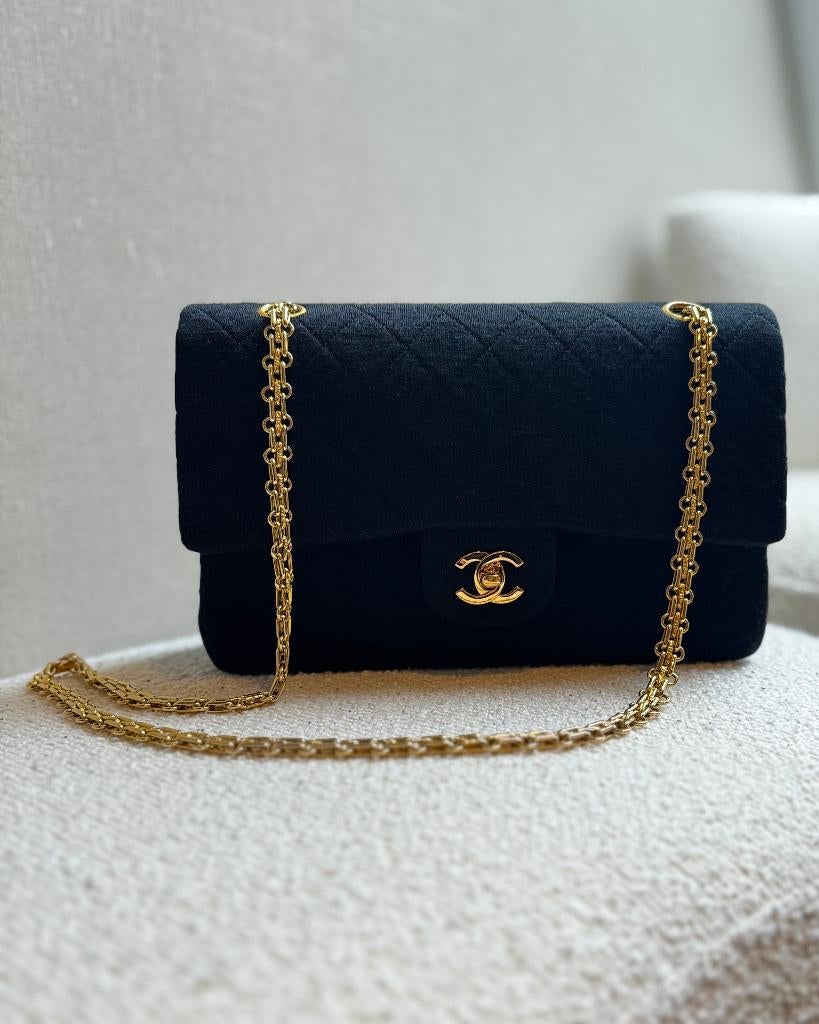 Chanel Fabric Double Flap Bag Medium, Sieraden, Tassen en Uiterlijk, Tassen | Damestassen, Ophalen, Zo goed als nieuw, Zwart, Schoudertasje