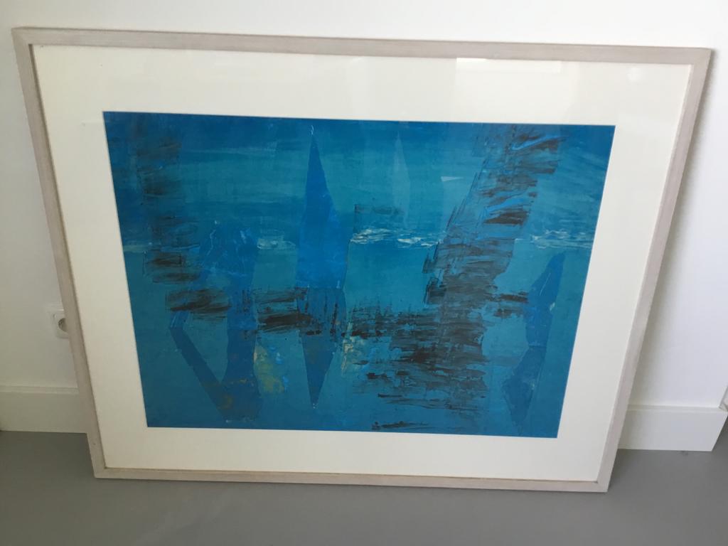 Abstract kunstwerk in blauwtinten - Monart Lijstenmakerij, Antiek en Kunst, Ophalen