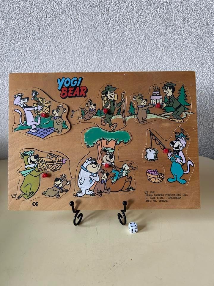 vintage 1991 houten Yogi Bear noppenpuzzel, Gebruikt, Ophalen of Verzenden, Van hout, Minder dan 10 stukjes