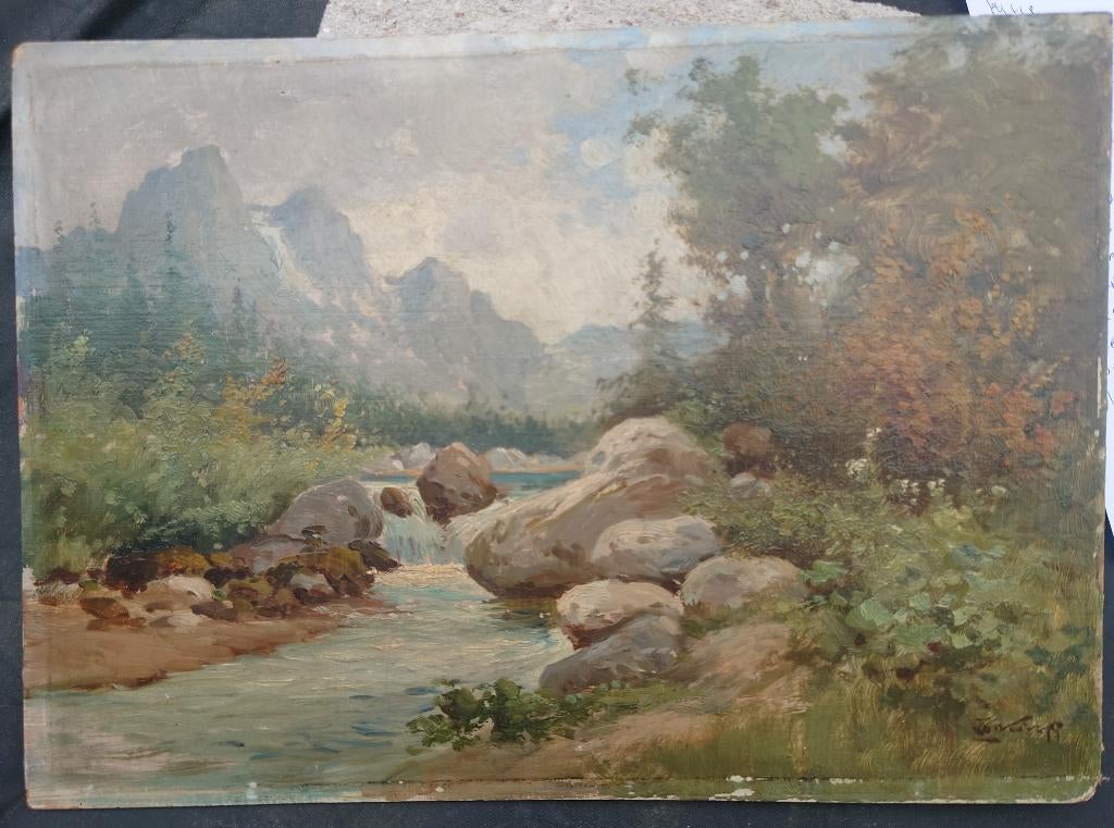~1920 Alpen landschap met rivier, olieverf op panel gesign., Ophalen of Verzenden