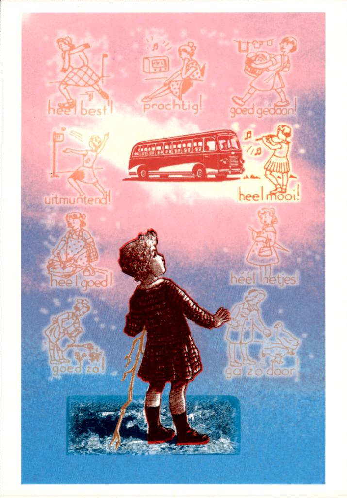 kunstkaart, kind kijkt naar bus,, Verzamelen, Verzenden, 1980 tot heden, Ongelopen, Overige thema's