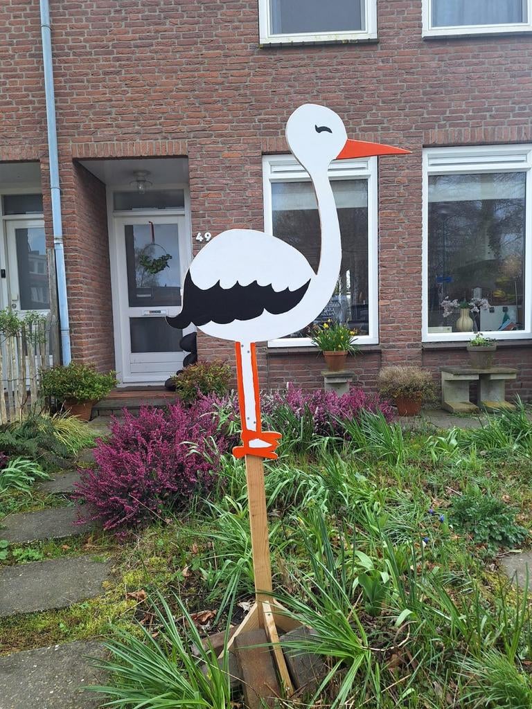 Houten ooievaar voor in de tuin. Geboortebord., Kinderen en Baby's, Ophalen, Zo goed als nieuw, Geboortebord