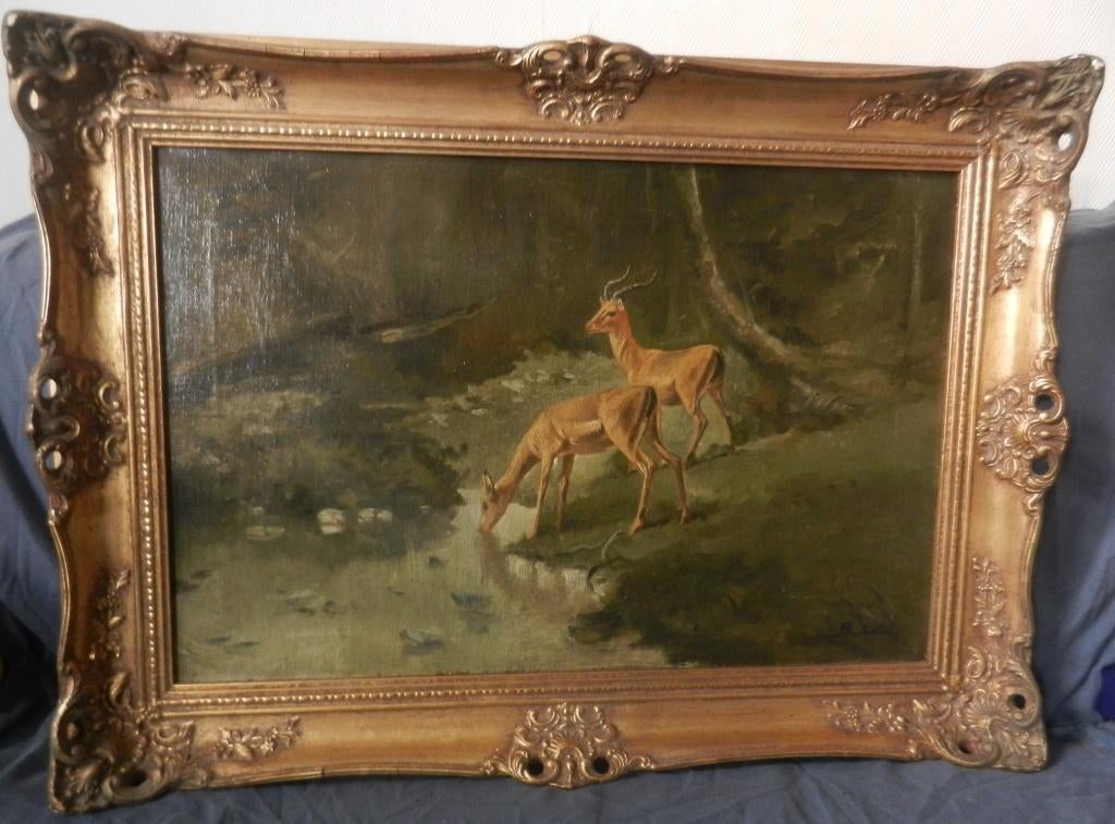 Olieverf Lavend hertenpaar Theo Goedvriend, Antiek en Kunst, Kunst | Schilderijen | Klassiek, Ophalen of Verzenden