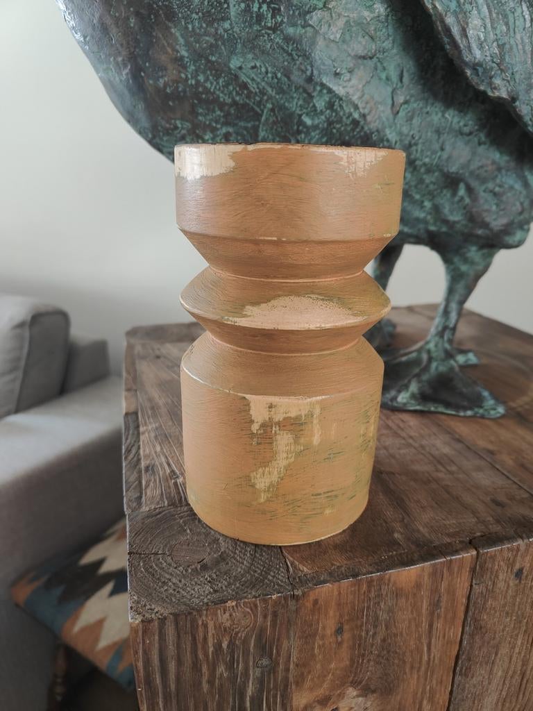 Weldaad Houten Kandelaar Oker 16 cm- Doorleefde Look, Gebruikt, Overige kleuren, Ophalen of Verzenden, Hout