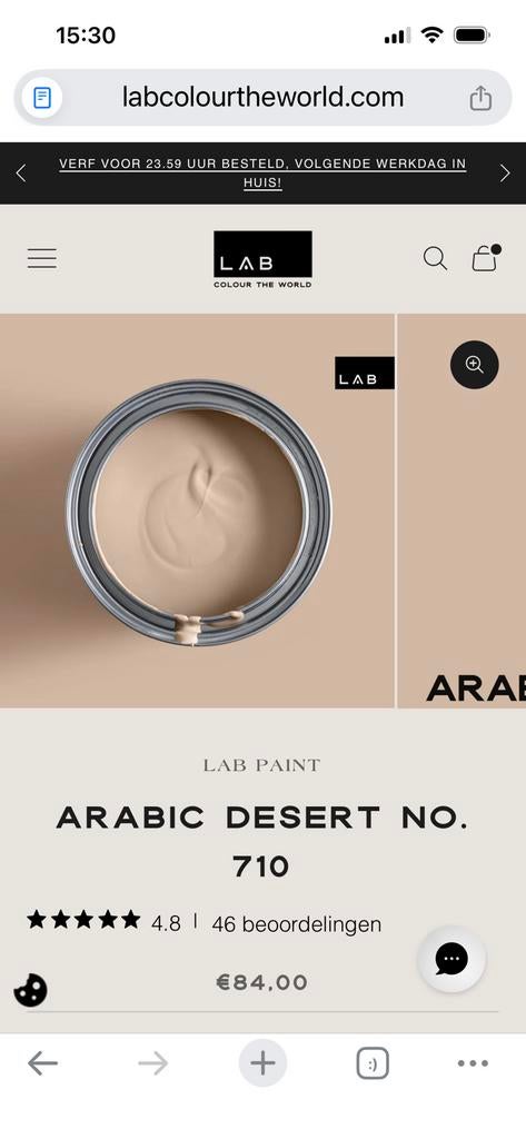 Lab paint interior lak Arabic Desert 1 liter, ongeopend blik, Ophalen, Zo goed als nieuw, Lak