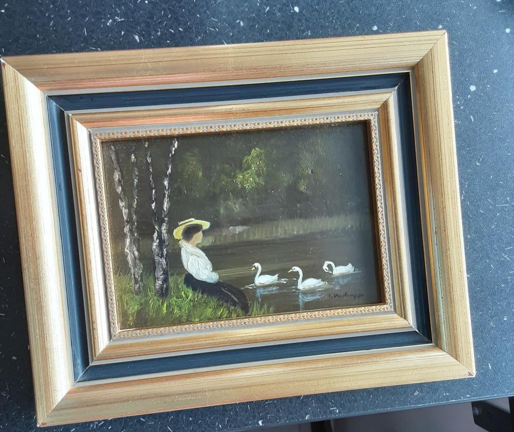Schilderij met dame en zwanen, ongeveer 80 jaar oud, Antiek en Kunst, Kunst | Schilderijen | Klassiek, Ophalen of Verzenden