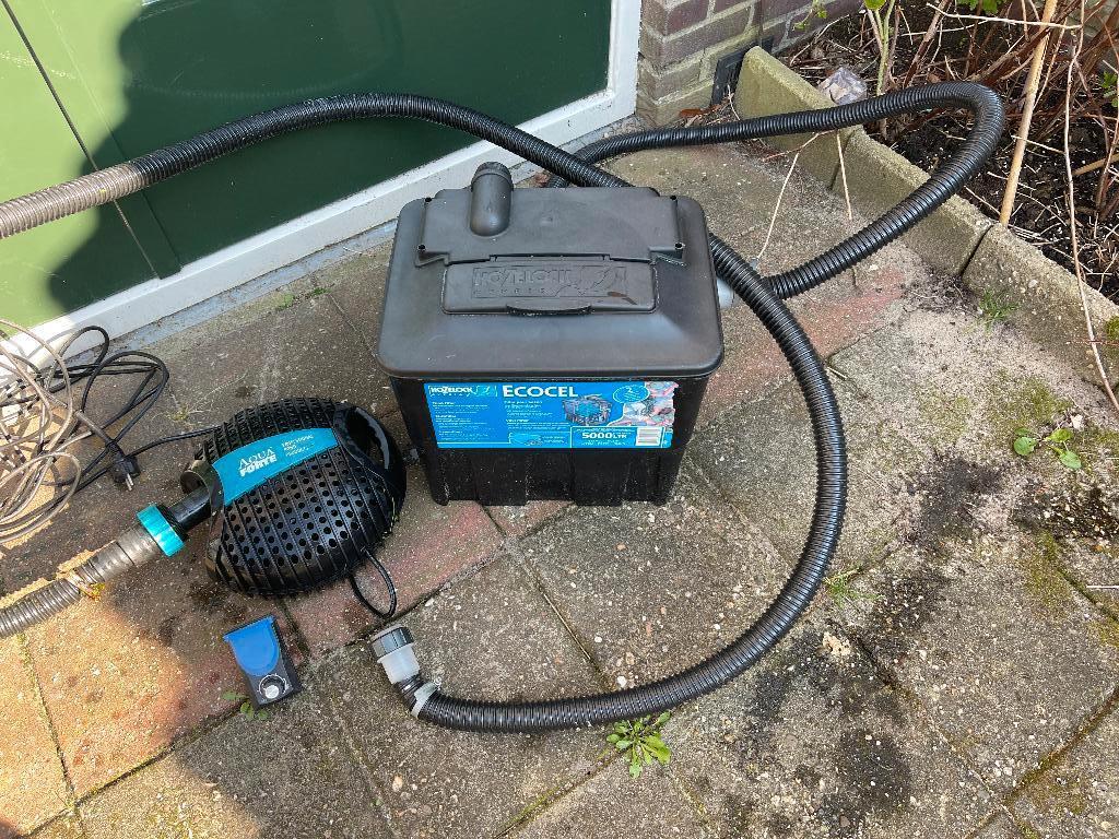 Vijverpomp met filter en slangen en pomp flow controleer, Ophalen, Gebruikt, Vijverpomp