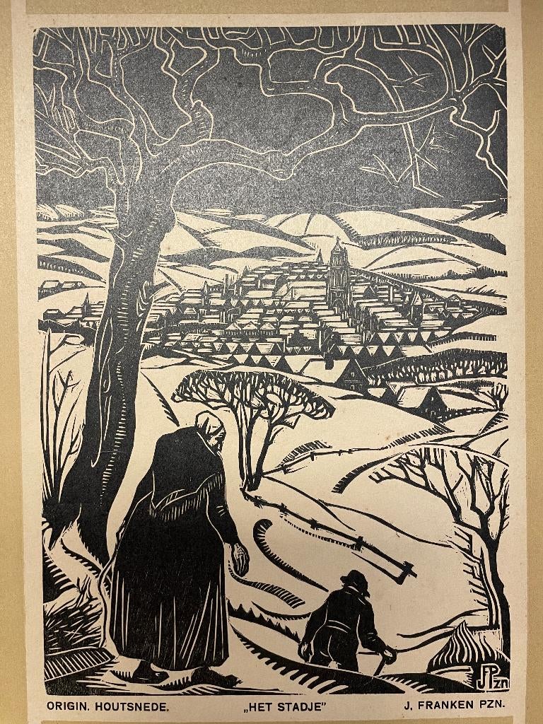J. Francken Pzn. (1896-1977) Houtsnede 'Het stadje', Antiek en Kunst, Kunst | Etsen en Gravures, Ophalen of Verzenden