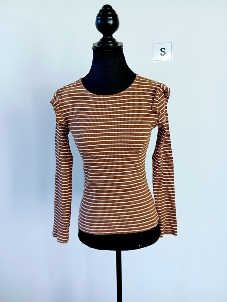 Shirtje. Bruin met witte strepen. Maat S/36, Bruin, Ophalen of Verzenden, Zo goed als nieuw, Lange mouw