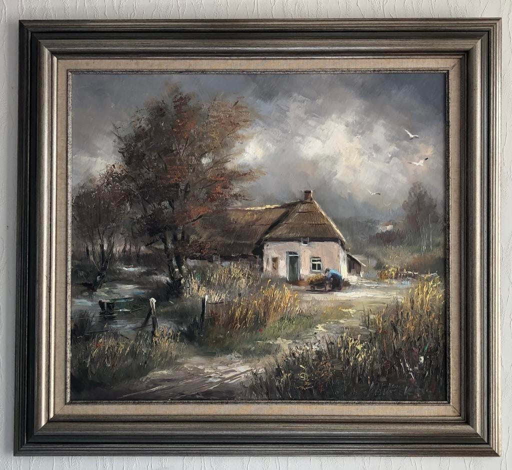 Landschap, rivier, bootje, boerderij met stro dak 102x92cm, Ophalen