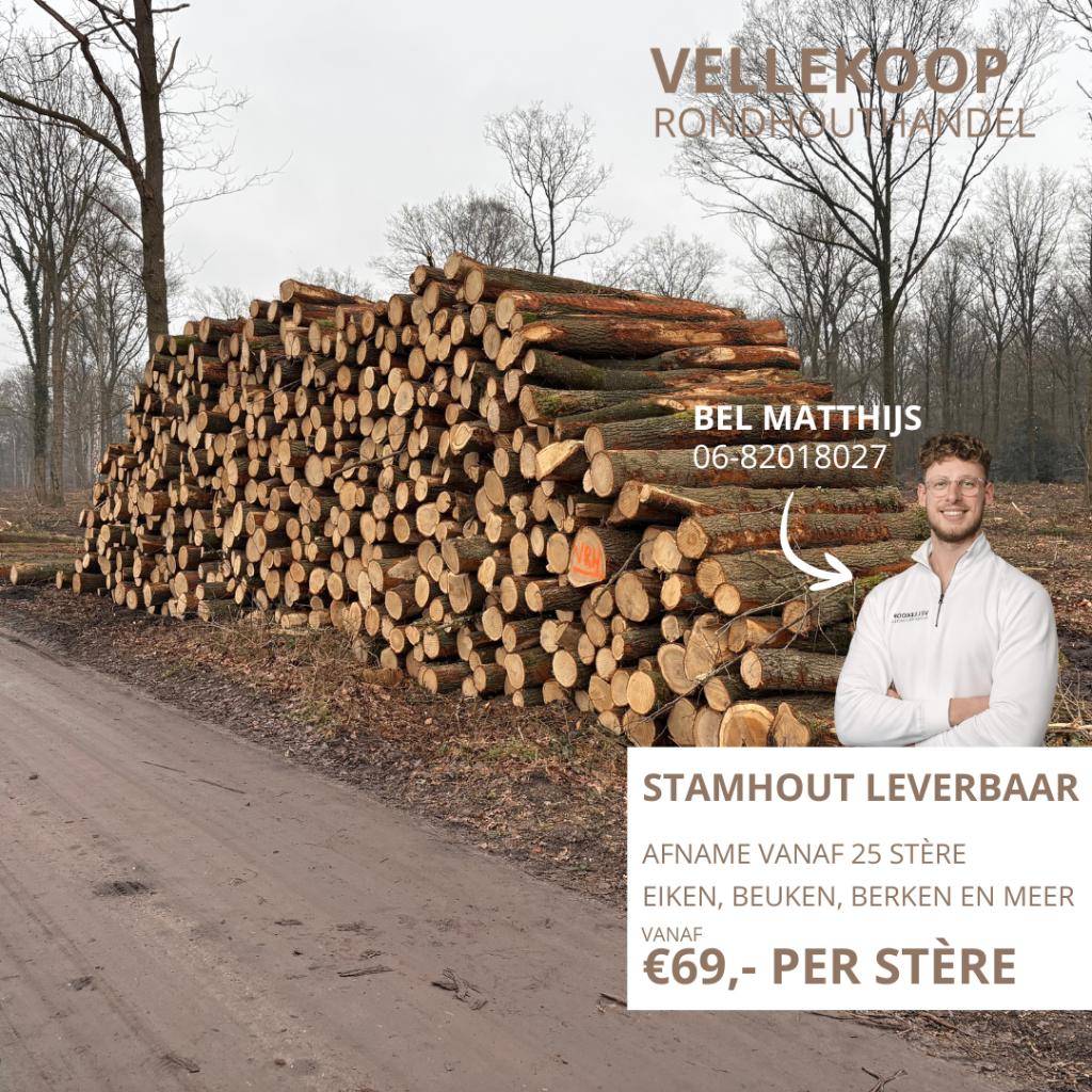 STAMHOUT IN BULK. DIRECT LEVERBAAR., 6 m³ of meer, Ophalen of Verzenden, Eikenhout, Stammen